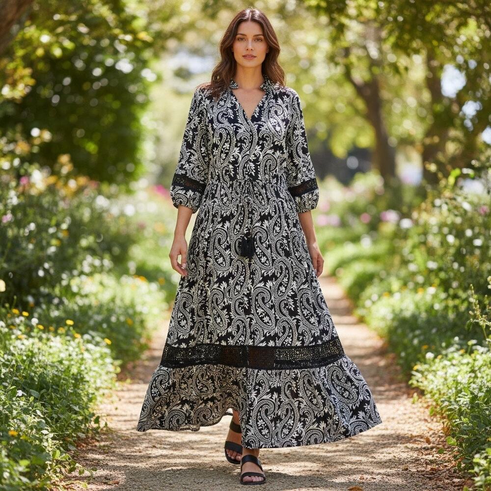CHICO’S PAISLEY LONG SLEEVE MAXI DRESS, SIZE 1 (8)